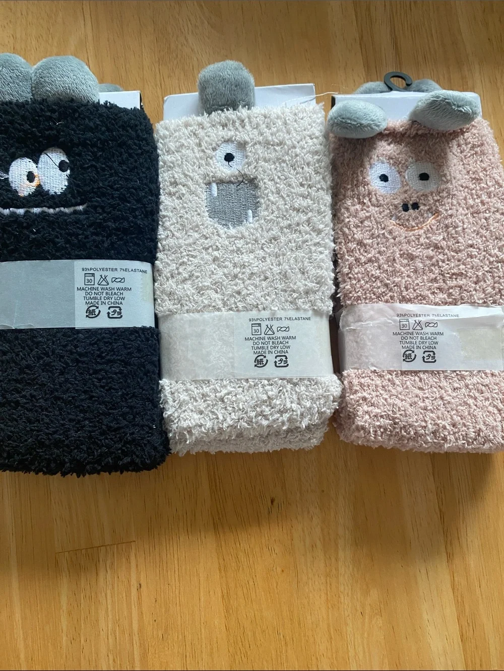 Lot of 3 Cozy Fuzzy Monster Animal Face Socks - Black, Cream, Blush
